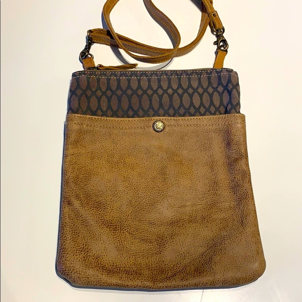 Myra Bag Brown Tan Leather Crossbody with Patterned Top